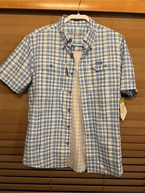 NWT Medium Drake Men’s Light Blue Plaid Short-Sleeve Shirt